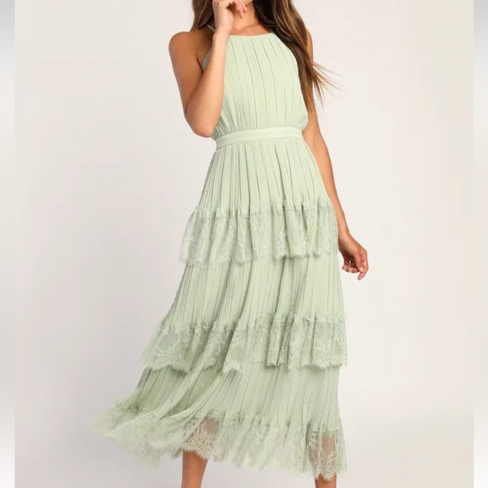 Lulu's Sage Green Tiered Pleated Midi Dress currently sold out in this size - Picture 6 of 9